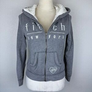 Abercrombie &‎ Fitch Gray Sherpa Lined Zip Up Hoodie Sweatshirt Y2K Cozy Youth